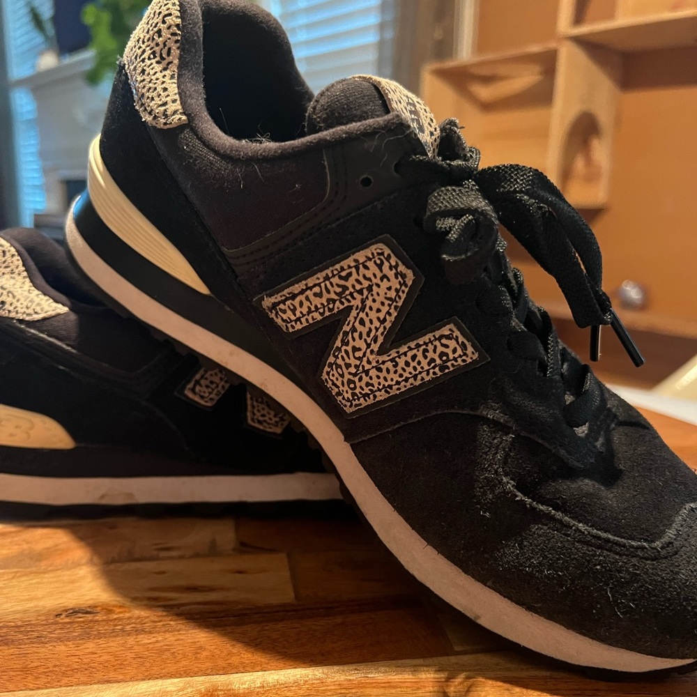 New Balance 574 Black W/ Leopard Print - Size 9.5